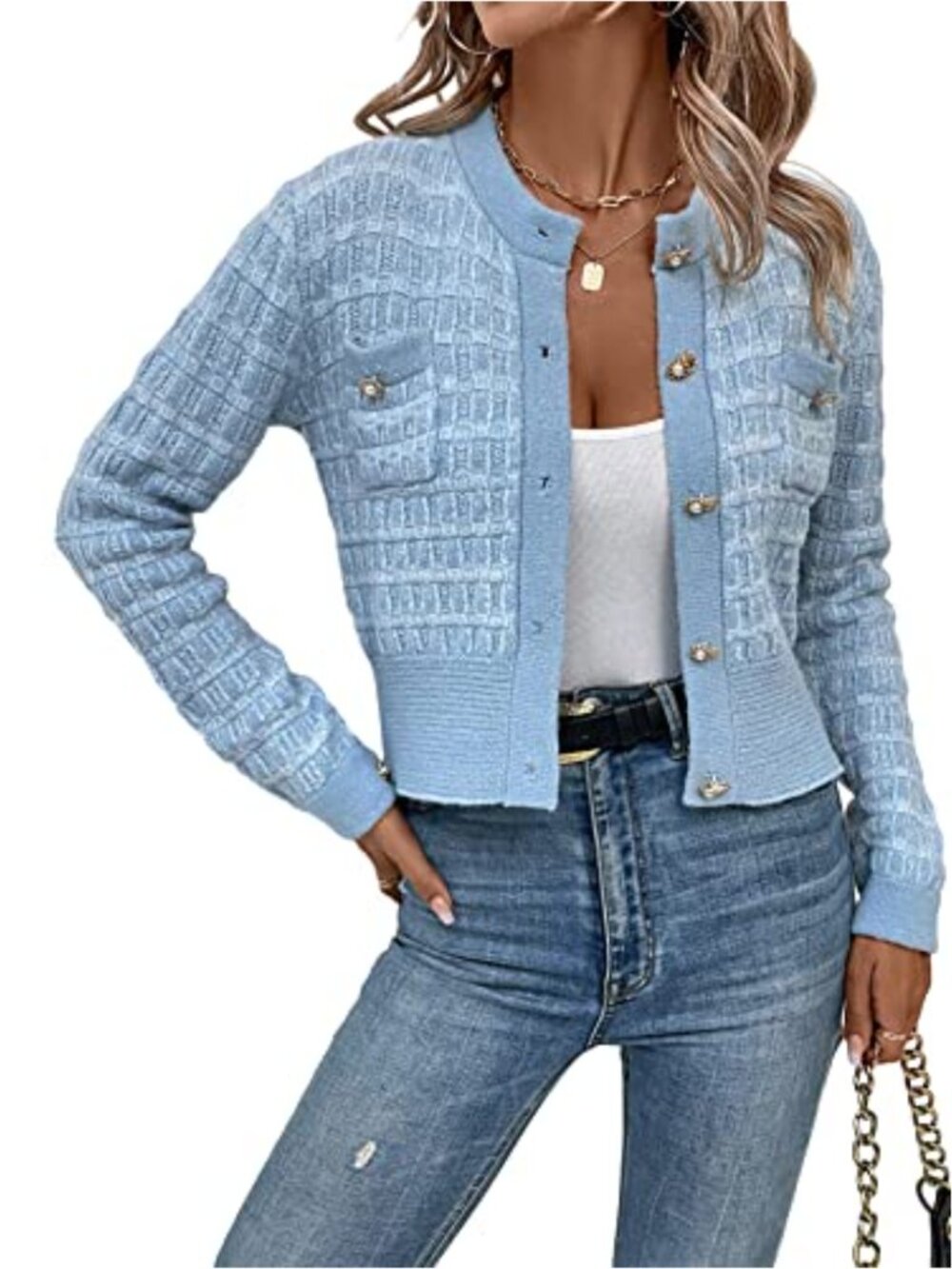 Women's Cropped Cardigan Sweaters Button Front Tweed Knit Blazer Jackets Long